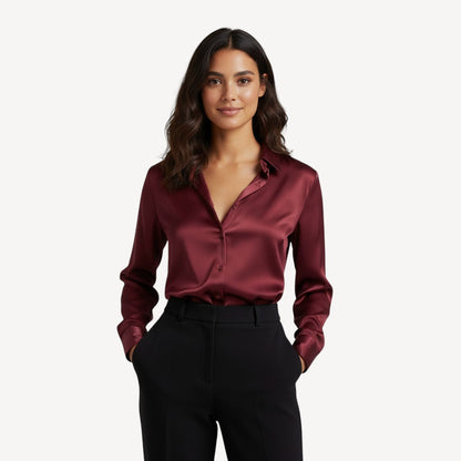 Davies – Dames Satijnen Blouse met Lange Mouwen en Knoopsluiting