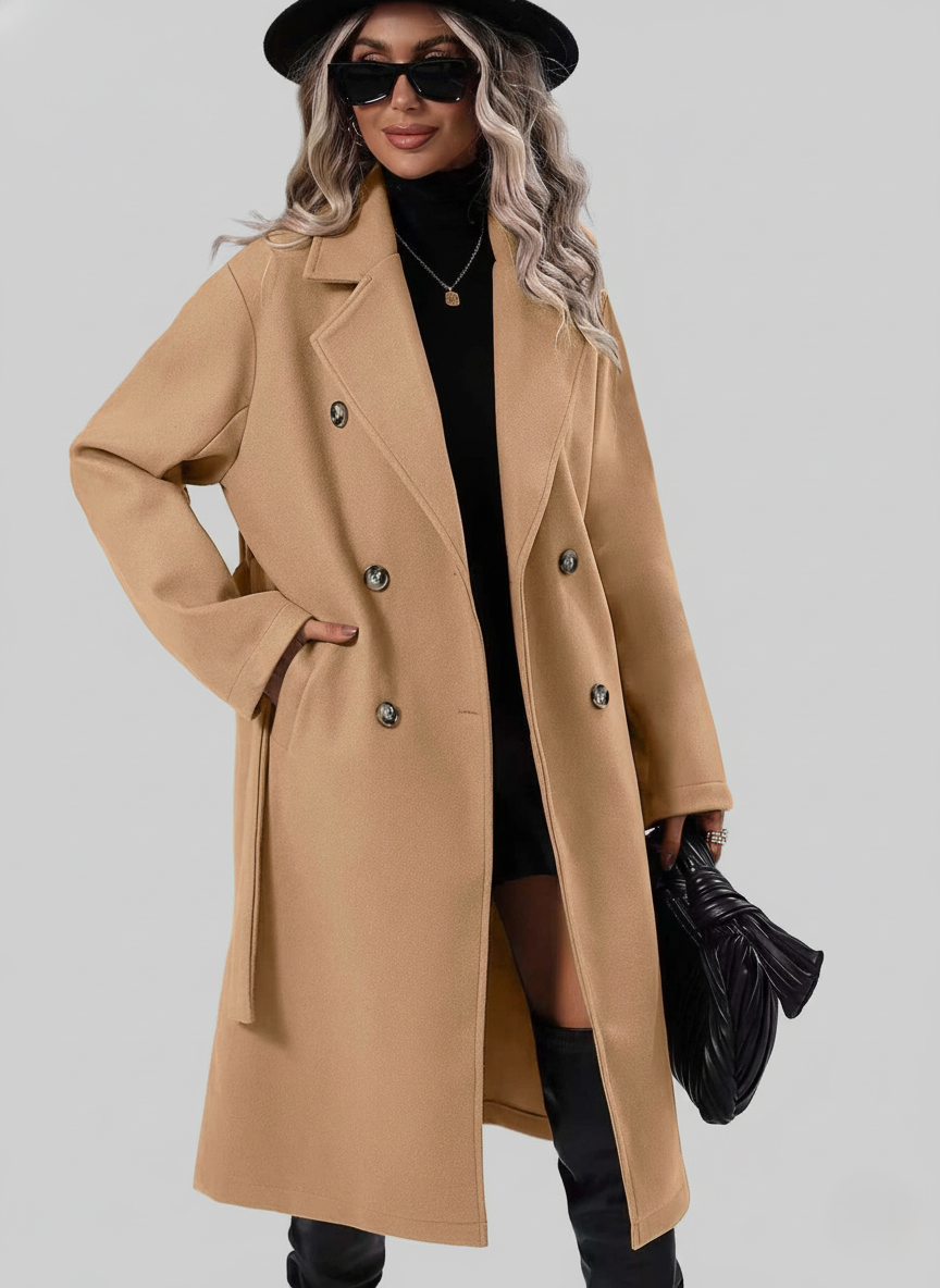 Sienna A-Lijn Trenchcoat – Dubbelrijige Jas met Ceintuur-Dameskleding > Jassen > Trenchcoats-Myna Mode-Khaki-S-Myna Mode