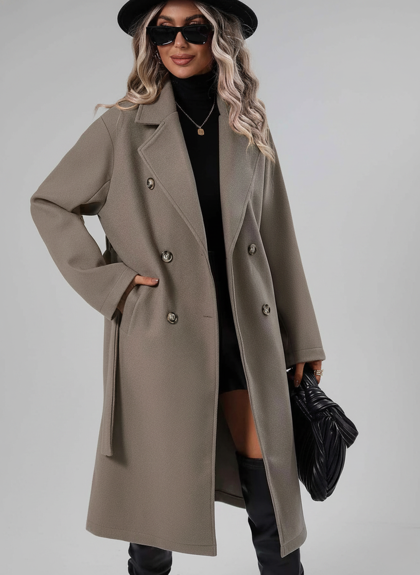 Sienna A-Lijn Trenchcoat – Dubbelrijige Jas met Ceintuur-Dameskleding > Jassen > Trenchcoats-Myna Mode-Lichtgrijs-S-Myna Mode