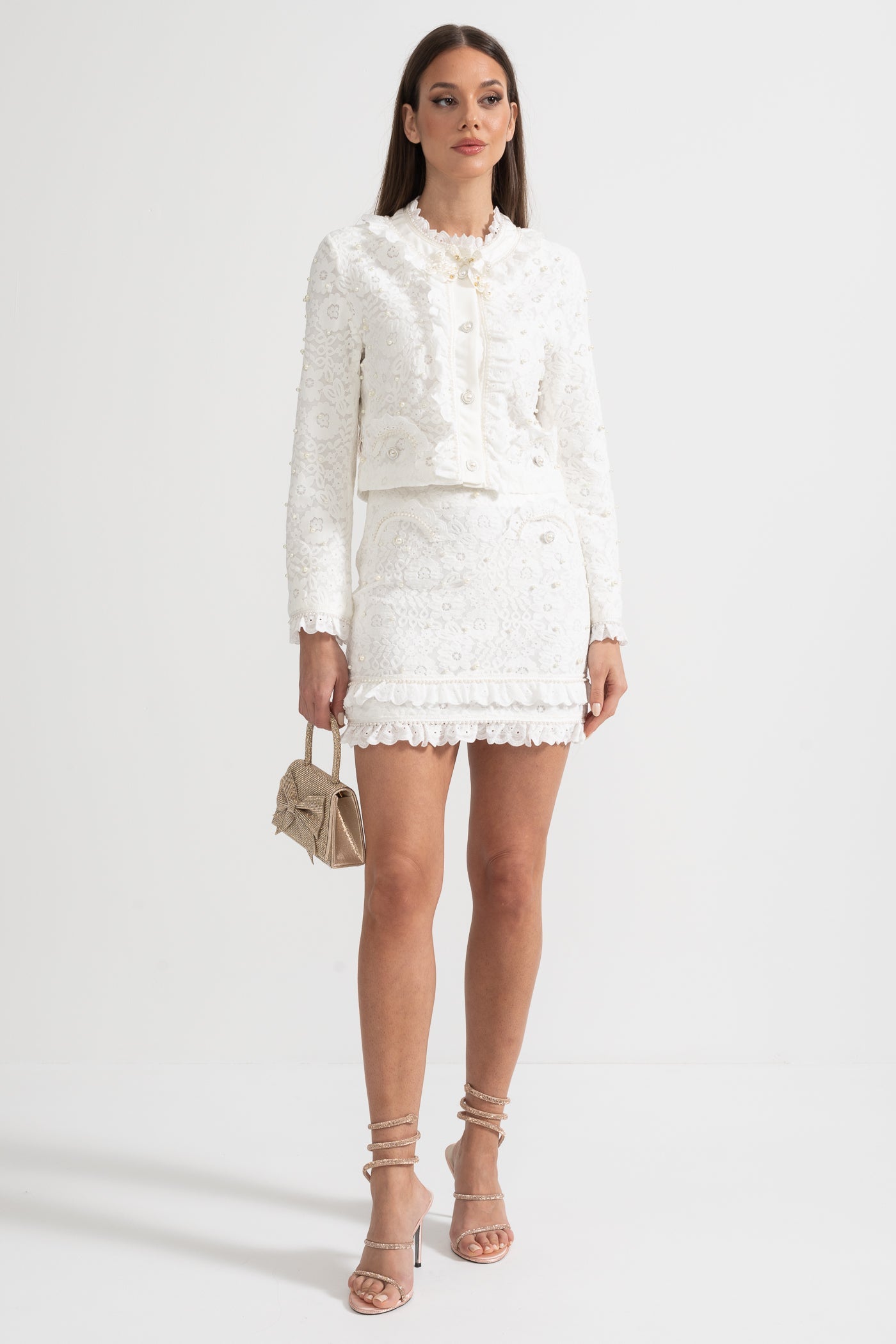 Elegant Tweedelig Ensemble met Parelversieringen – Wit