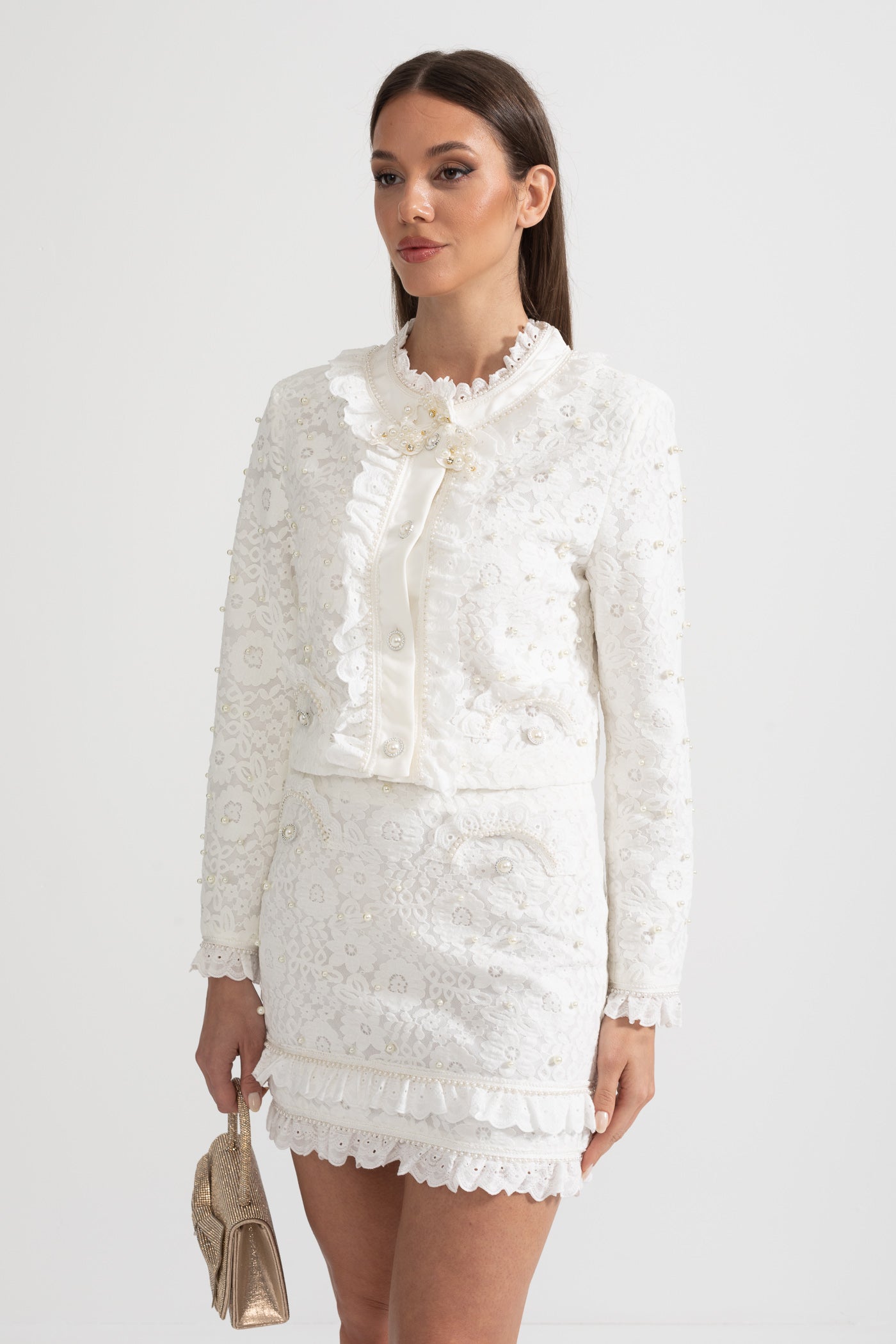 Elegant Tweedelig Ensemble met Parelversieringen – Wit