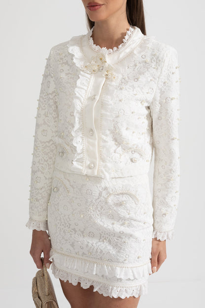 Elegant Tweedelig Ensemble met Parelversieringen – Wit