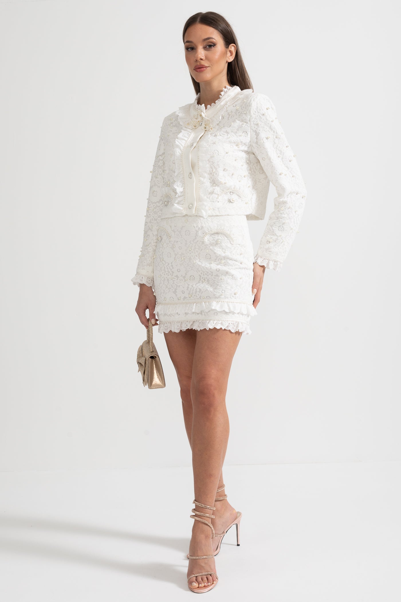 Elegant Tweedelig Ensemble met Parelversieringen – Wit