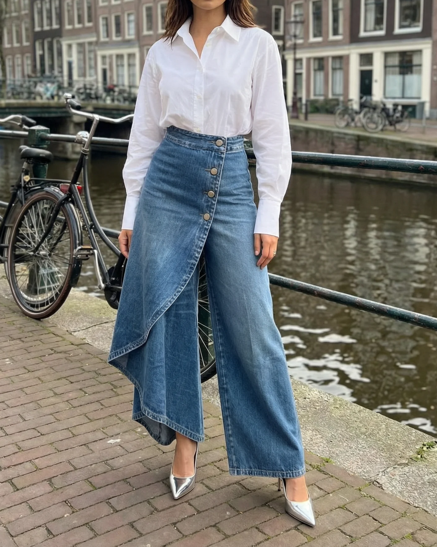 Dames Denim Rok Broek Wide Leg – Asymmetrische Jeans Broek Rok High Waist