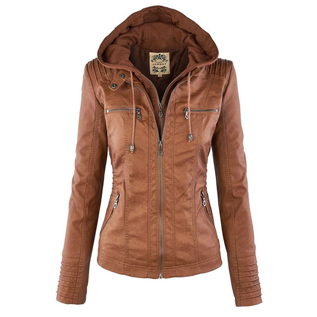 Waterproof Women's Leather Jacket with Removable Hood – Genuine Leather & Windproof