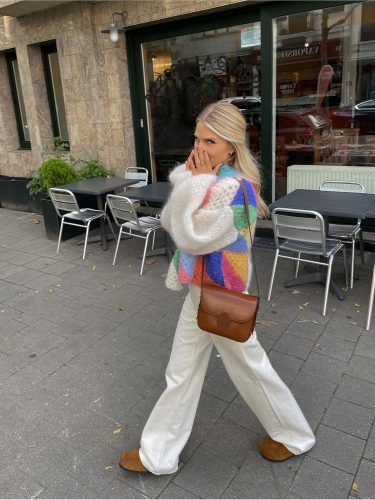 Kleurrige Patchwork Cardigan voor Dames – Zachte Gebreide Trui voor Herfst en Winter