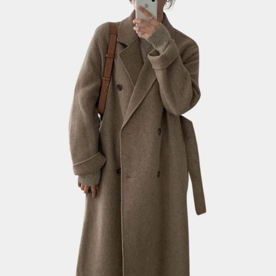 Long Oversized Women's Wool Coat – Double Breasted with Belt