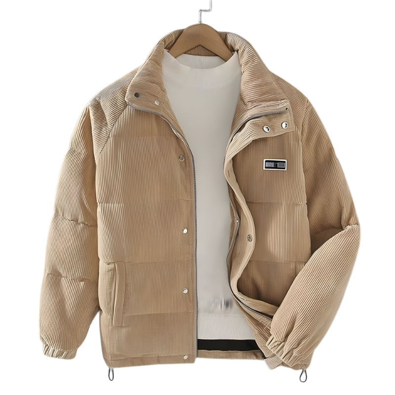 Heren Corduroy Puffer Jas met Hoge Kraag-Heren > Jassen & Jacks > Winterjassen > Puffer Jassen-Myna Mode-Beige-S-Myna Mode