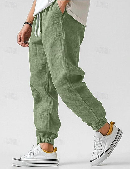 Heren Linnen Broek | Casual Jogger-Kleding – Heren – Broeken – Casual linnen broek-Myna Mode-Olijfgroen-S-Myna Mode