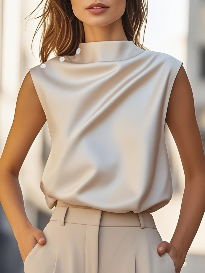 Ivy Satin Draped Fit Blouse | Stand Collar Button Detail Blouse