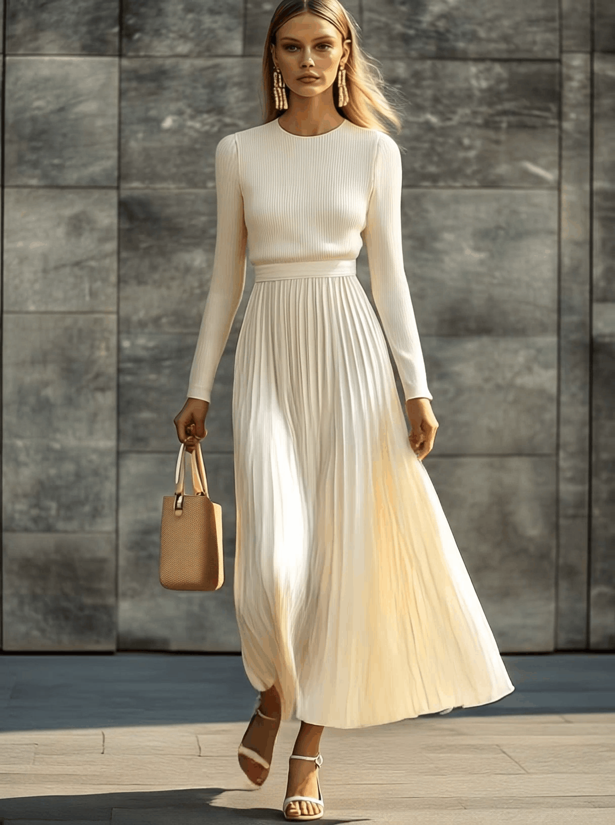 Ladies Cream Maxi Dress with Knitted Top and Pleated Satin Hem