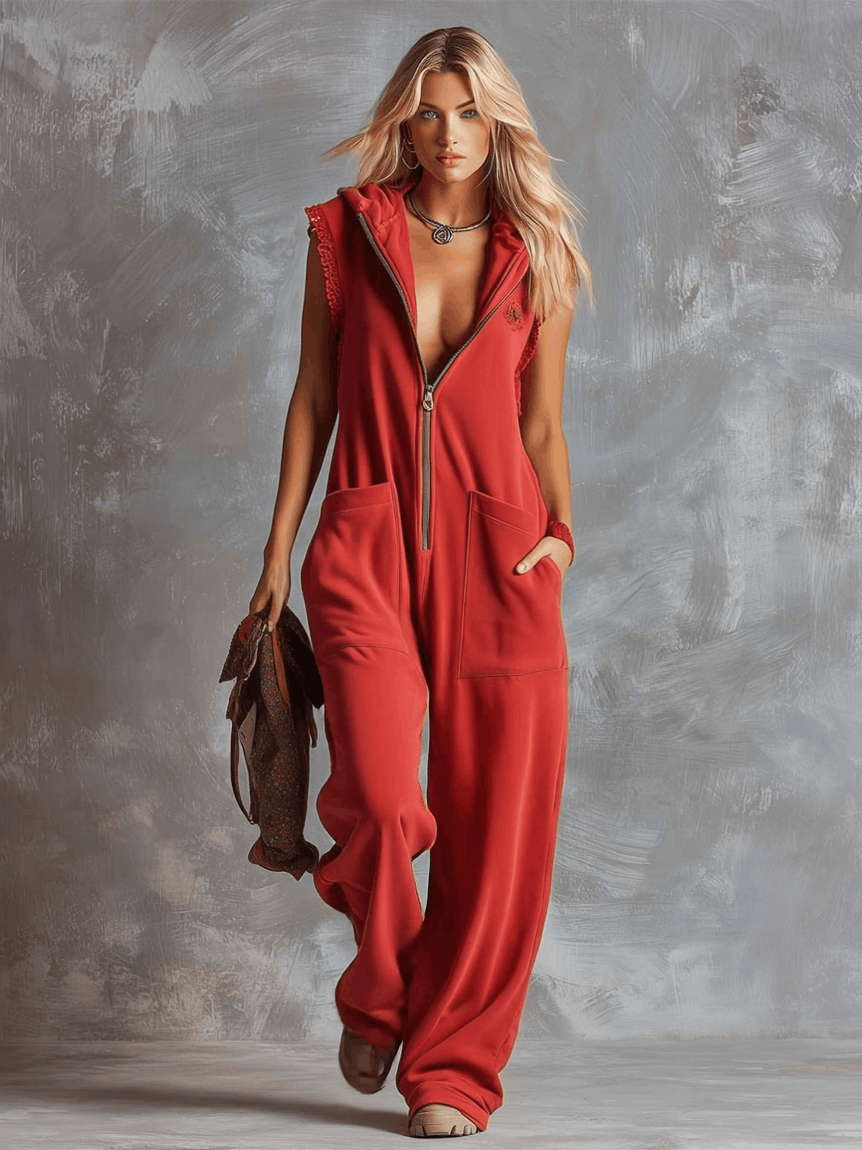 Dames Sportieve Katoenen Jumpsuit met Capuchon en Rits – Framboosrood