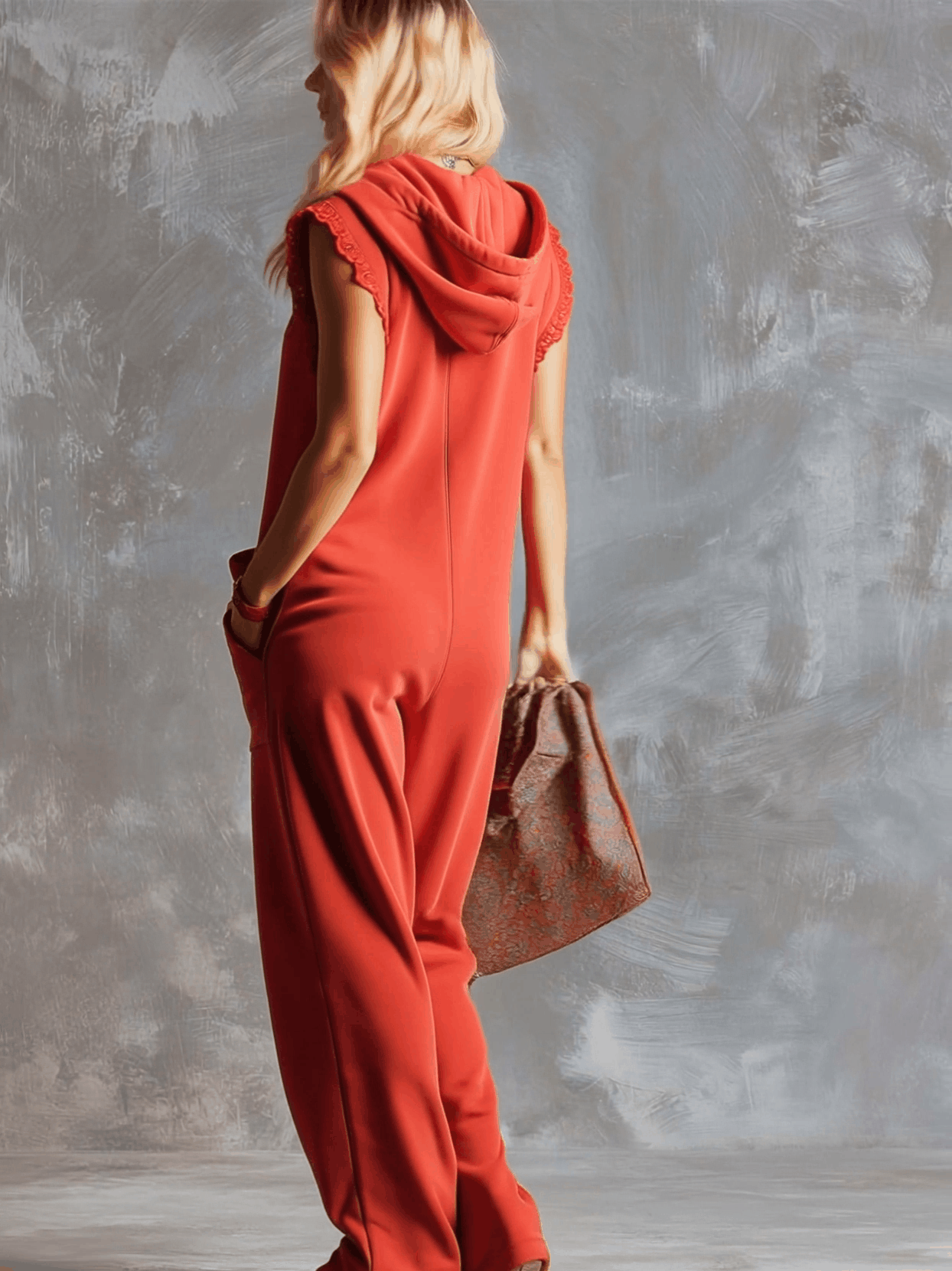 Dames Sportieve Katoenen Jumpsuit met Capuchon en Rits – Framboosrood