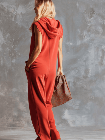 Dames Sportieve Katoenen Jumpsuit met Capuchon en Rits – Framboosrood
