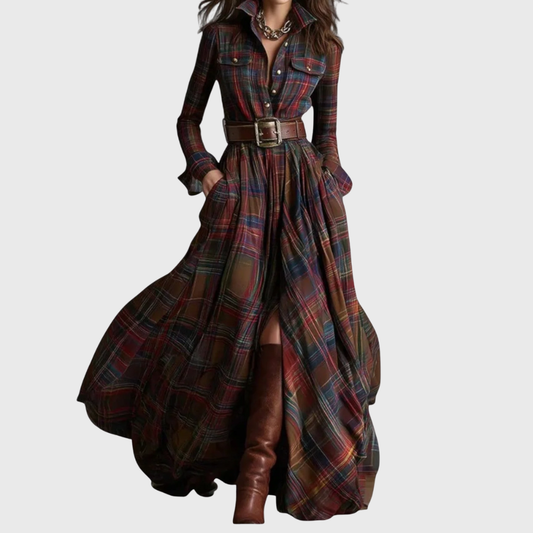 Dames Maxi Jurk | Geruit & Tailleband