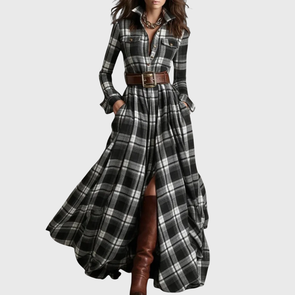 Dames Maxi Jurk | Geruit & Tailleband