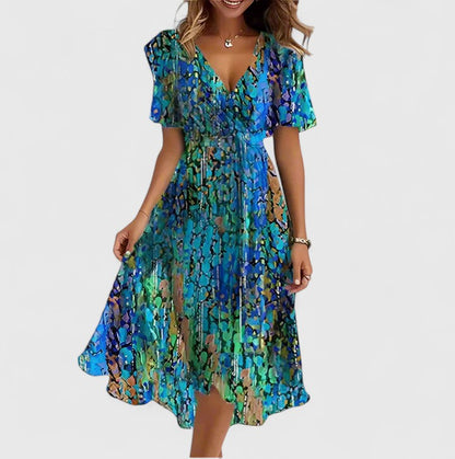Dames Midi Dress | V-Neck & Waist Tie | Airy Floral Dress