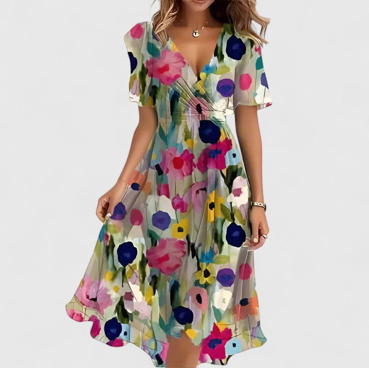 Dames Midi Dress | V-Neck & Waist Tie | Airy Floral Dress