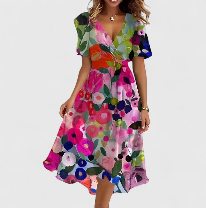 Dames Midi Dress | V-Neck & Waist Tie | Airy Floral Dress