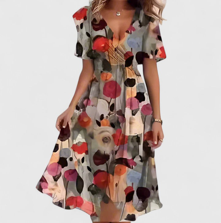 Dames Midi Dress | V-Neck & Waist Tie | Airy Floral Dress