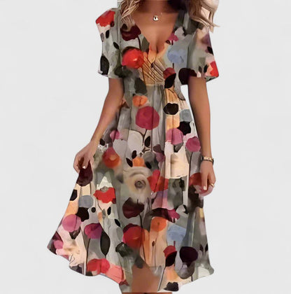 Dames Midi Dress | V-Neck & Waist Tie | Airy Floral Dress