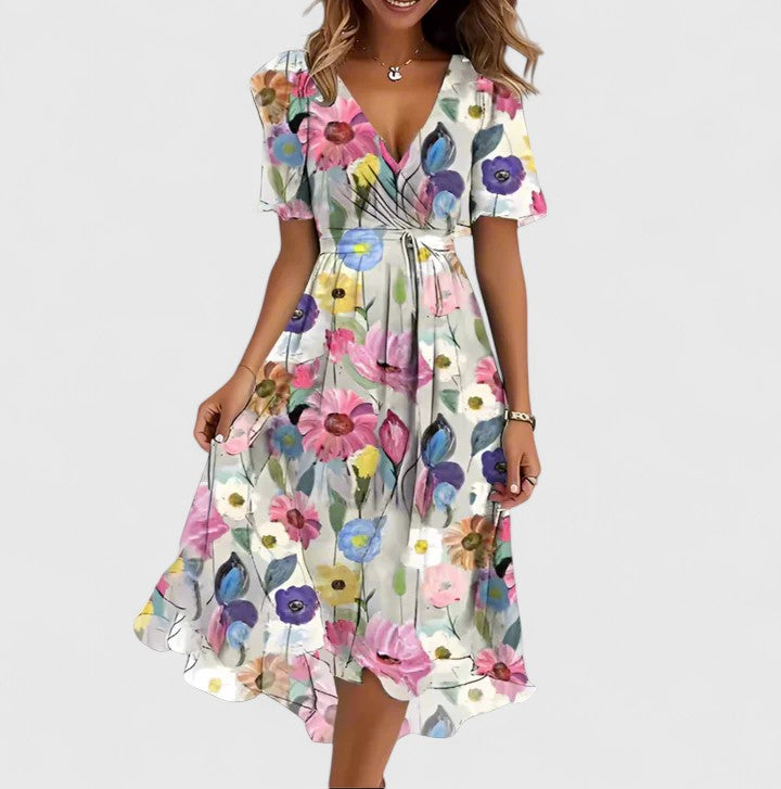 Dames Midi Dress | V-Neck & Waist Tie | Airy Floral Dress