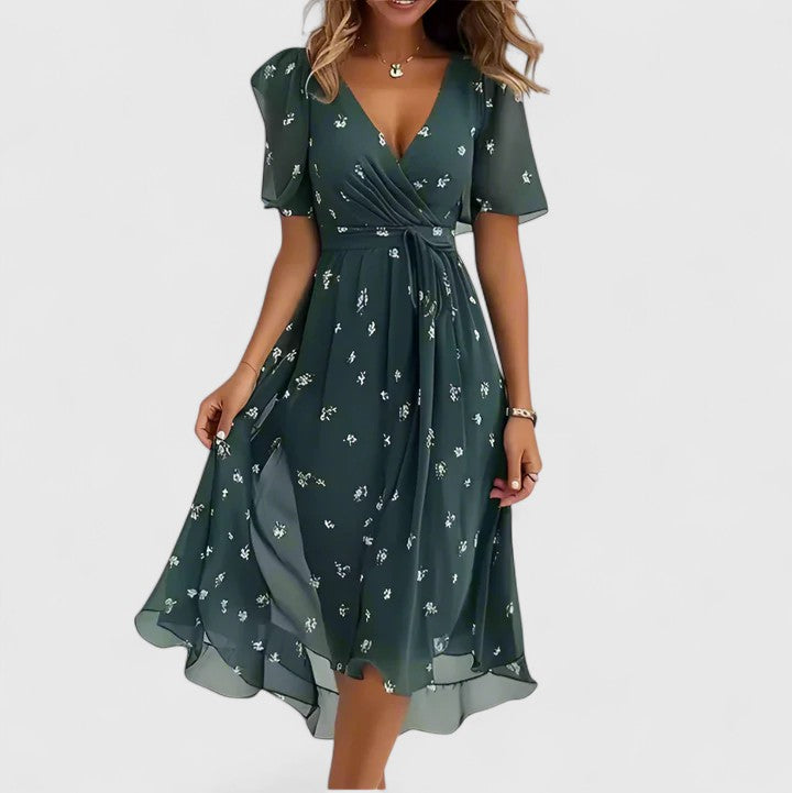 Dames Midi Dress | V-Neck & Waist Tie | Airy Floral Dress