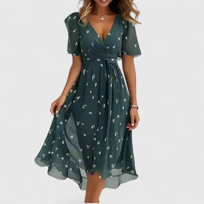 Dames Midi Dress | V-Neck & Waist Tie | Airy Floral Dress