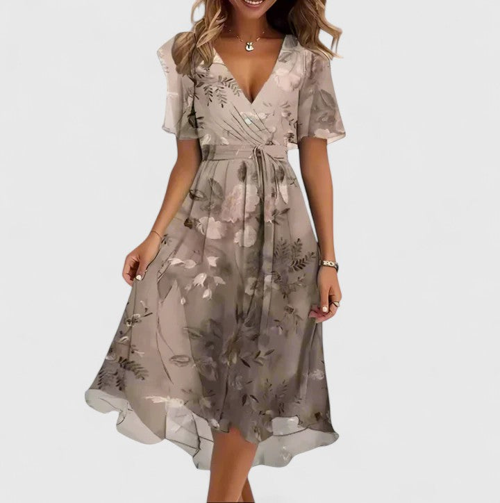 Dames Midi Dress | V-Neck & Waist Tie | Airy Floral Dress