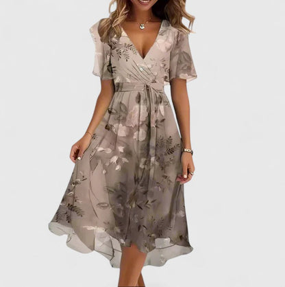 Dames Midi Dress | V-Neck & Waist Tie | Airy Floral Dress