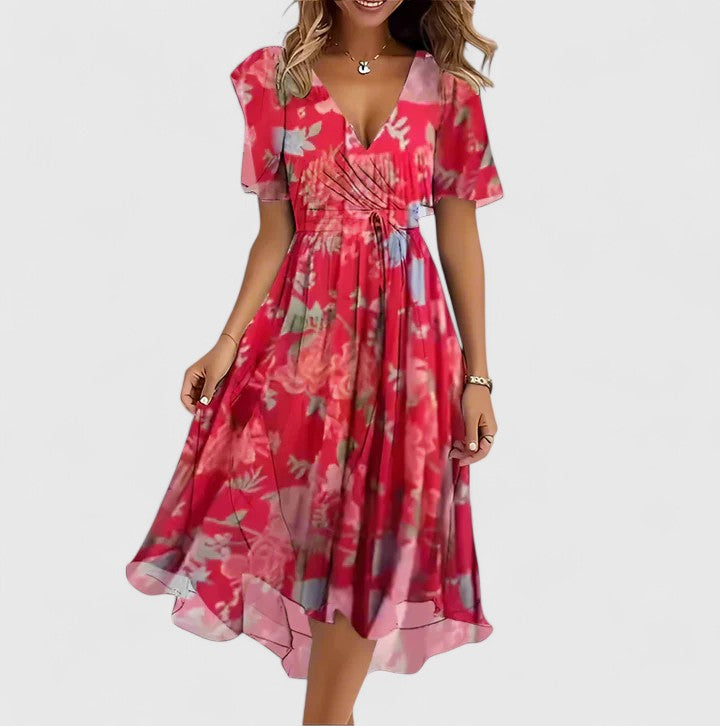 Dames Midi Dress | V-Neck & Waist Tie | Airy Floral Dress