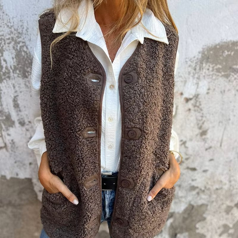 Women's Fleece Vest with Buttons and Pockets – Warm & Stylish for Autumn