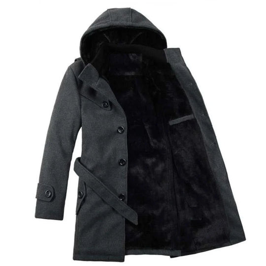 Heren Trenchcoat met Capuchon – Wolmix, Imitatiebont Gevoerd, Enkelrijig Design