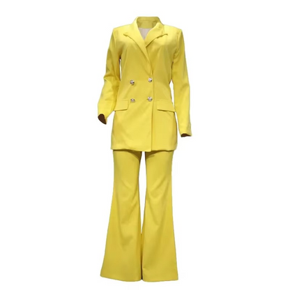 Elegante Dames Blazer met Knoopsluiting & Flared Broek – Tweedelige Set voor Elk Seizoen