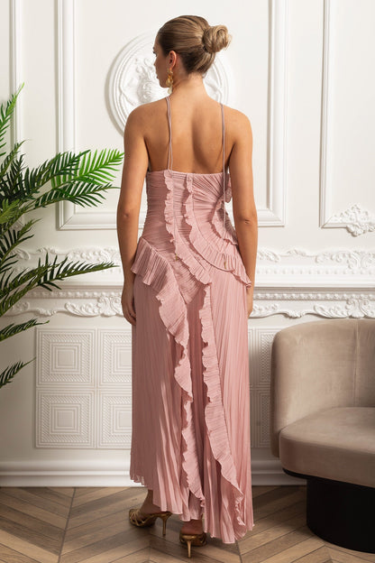 Geplooide Halter Midi Jurk met Waterval Ruches – Roze