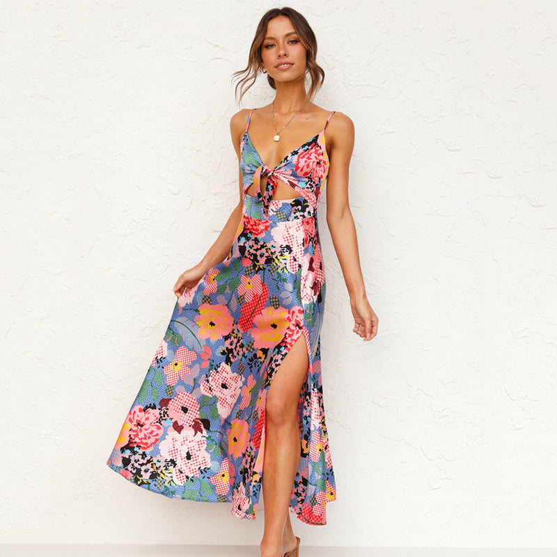 Elena | Satin Floral Maxi Dress with Open Waist and Bow Detail