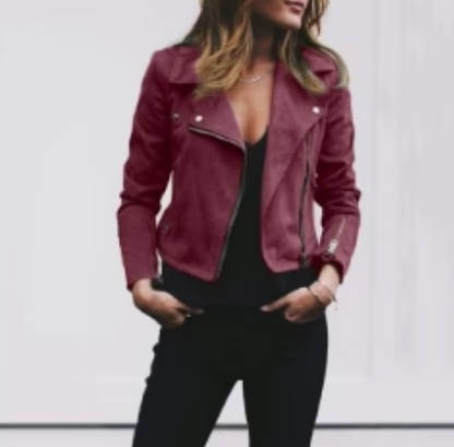 Women's Casual Biker Jacket with Zipper and Long Sleeves