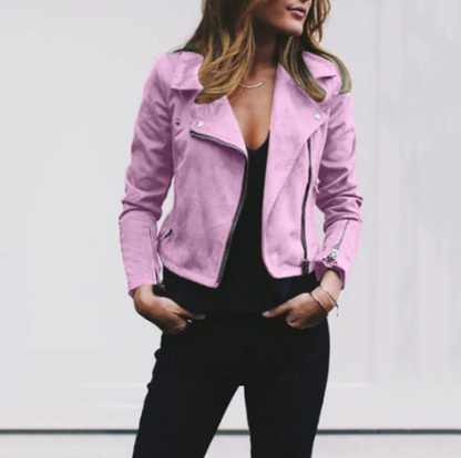 Women's Casual Biker Jacket with Zipper and Long Sleeves