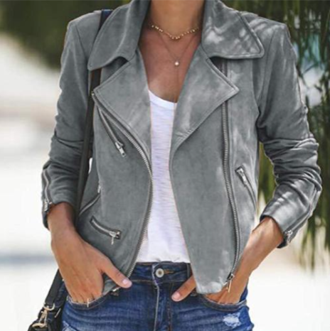 Women's Casual Biker Jacket with Zipper and Long Sleeves