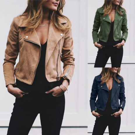 Women's Casual Biker Jacket with Zipper and Long Sleeves