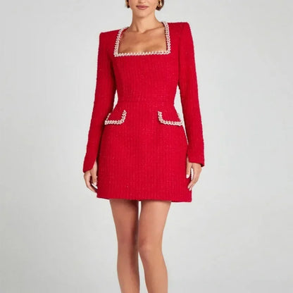 Dames Mini Jurk | Vierkante Hals & Getailleerde Pasvorm-Kleding – Dames – Jurken – Mini Jurken-Myna Mode-Rood-S-Myna Mode