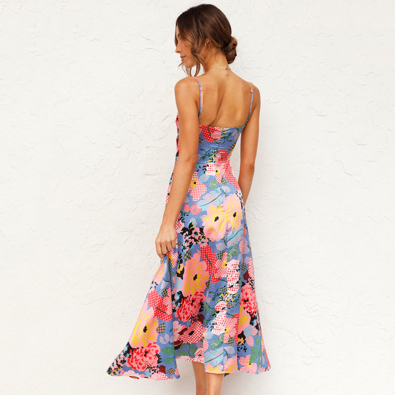 Elena | Satin Floral Maxi Dress with Open Waist and Bow Detail