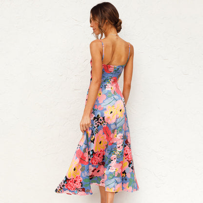 Elena | Satin Floral Maxi Dress with Open Waist and Bow Detail