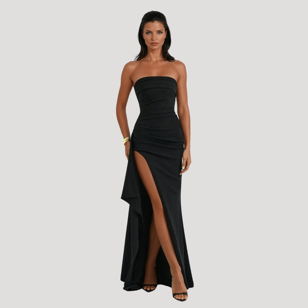 Strapless Maxi Jurk met Hoge Split en Gedrapeerde Taille