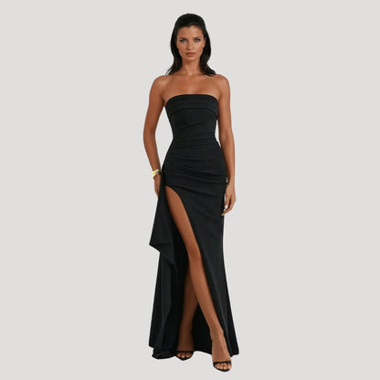 Strapless Maxi Jurk met Hoge Split en Gedrapeerde Taille