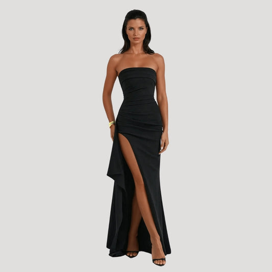 Strapless Maxi Jurk met Hoge Split en Gedrapeerde Taille