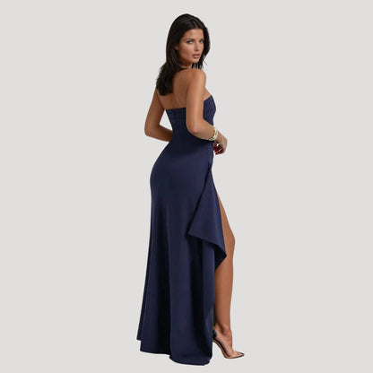 Strapless Maxi Jurk met Hoge Split en Gedrapeerde Taille