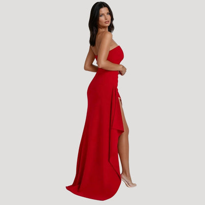 Strapless Maxi Jurk met Hoge Split en Gedrapeerde Taille