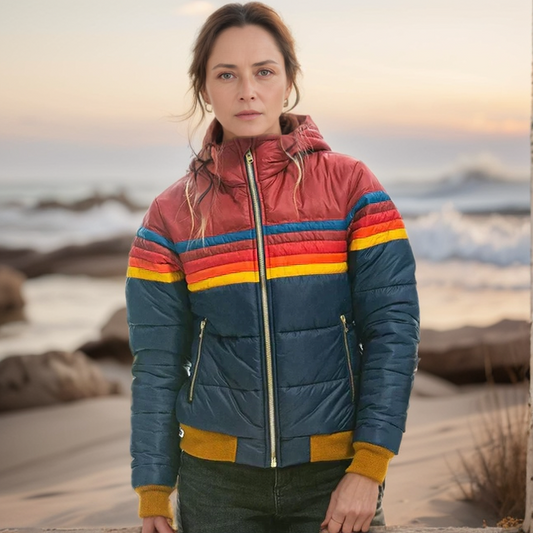 Dames Retro Colorblock Pufferjas – Warme Vintage Winterjas met Stijl