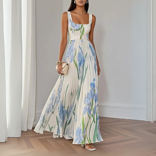 Nina – Dames Lange Plissé Jurk met Bloemenprint